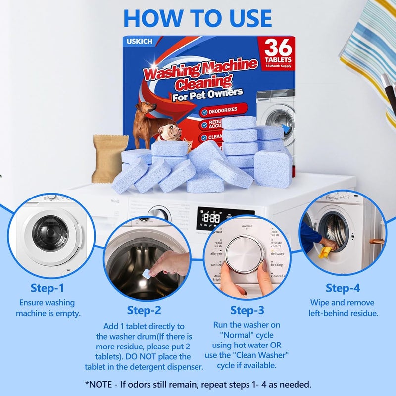 USKICH 36Pack Washing Machine Cleaner Tablets-18 Month Supply,Washer Machine Cleaner Formulated For Pet Owners,Easy Pet Hair Remover for Laundry,Compatible with HE, Top & Front Load Washer.Septic Safe - Image 5